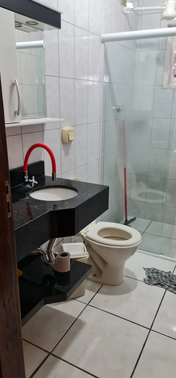 Banheiro da casa com pia e box de vidro